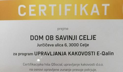 Certifikat za model upravljanja kakovosti  E-qalin 